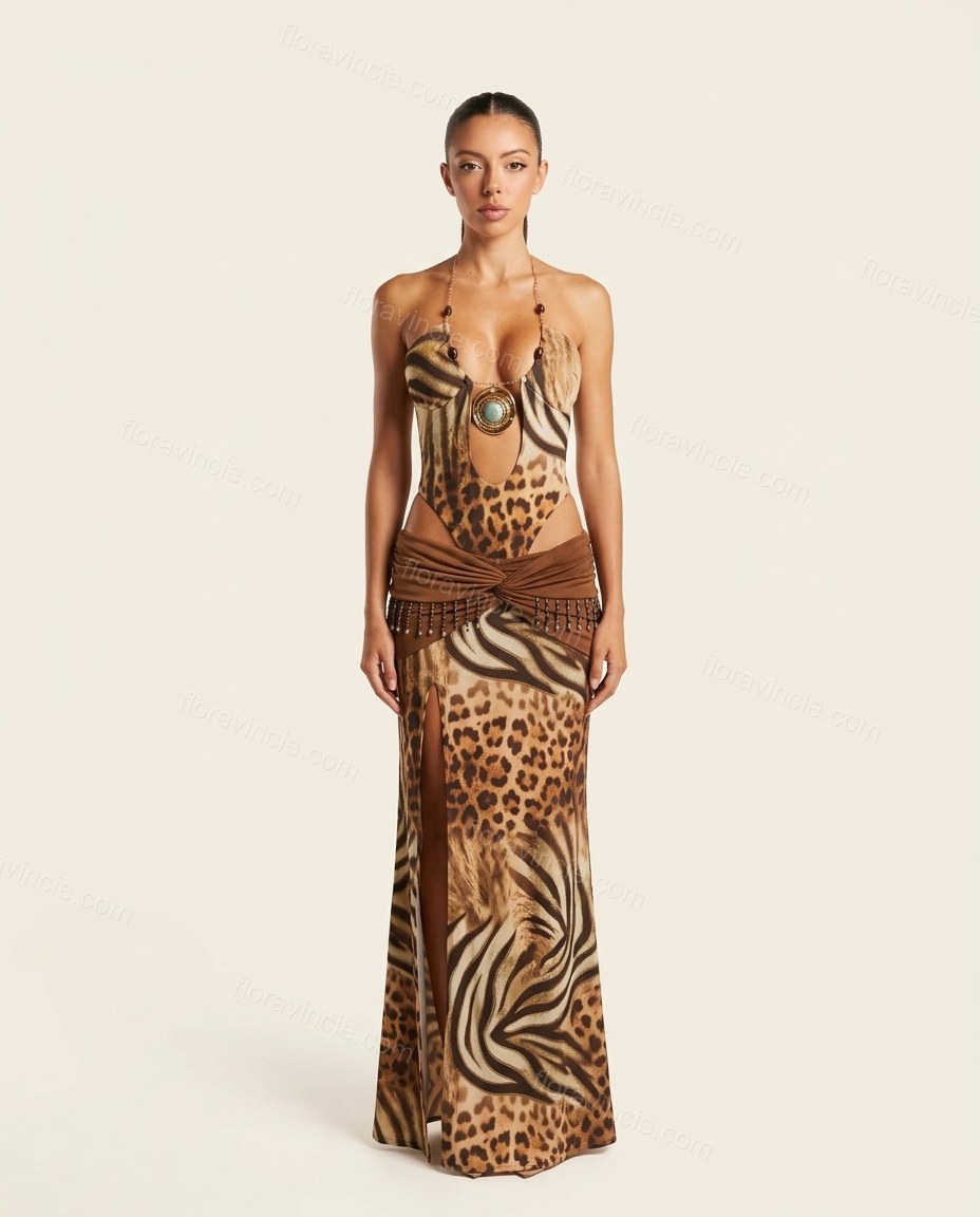 Brown Leopard Print Maxi Halter Dress, front studio view, by Floravincie