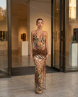 Brown Leopard Print Maxi Halter Dress, three-quarter brand lifestyle view, by Floravincie