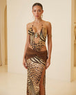 Brown Leopard Print Maxi Halter Dress, full-length hero view, by Floravincie