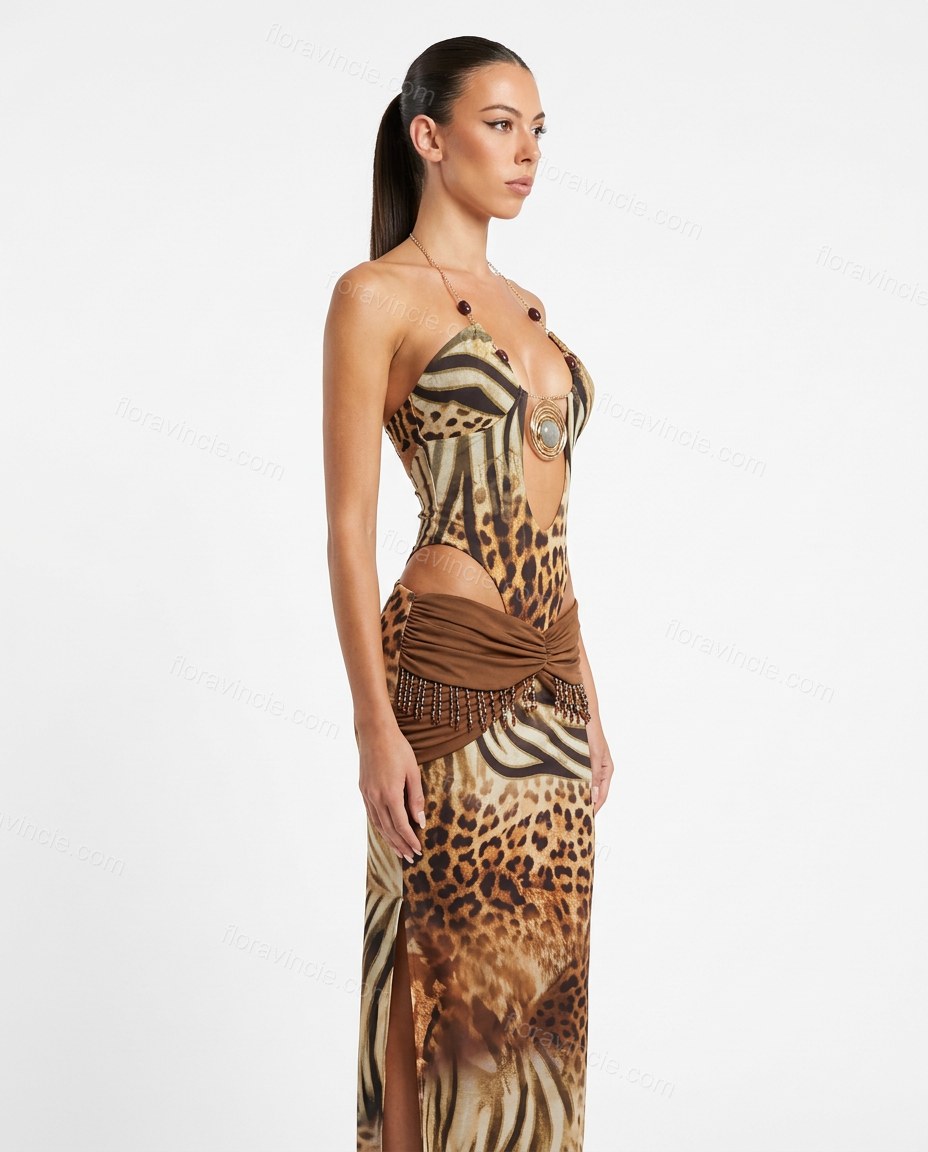 Brown Leopard Print Maxi Halter Dress, side and back studio view, by Floravincie