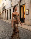 Brown Leopard Print Maxi Halter Dress, movement and fit lifestyle view, by Floravincie