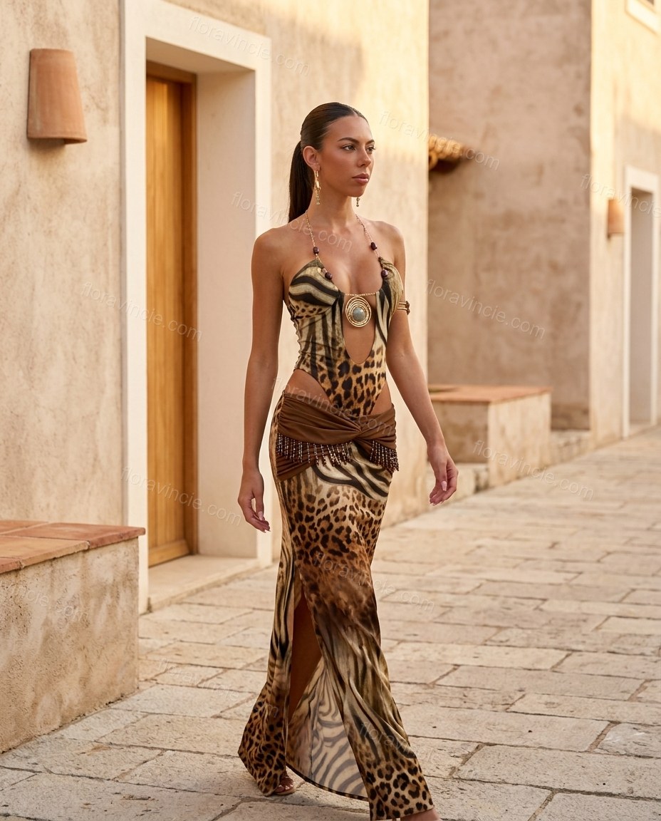 Brown Leopard Print Maxi Halter Dress, alternate use-case lifestyle view, by Floravincie