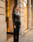 Black Peplum Jacket, three-quarter brand lifestyle view, by Floravincie