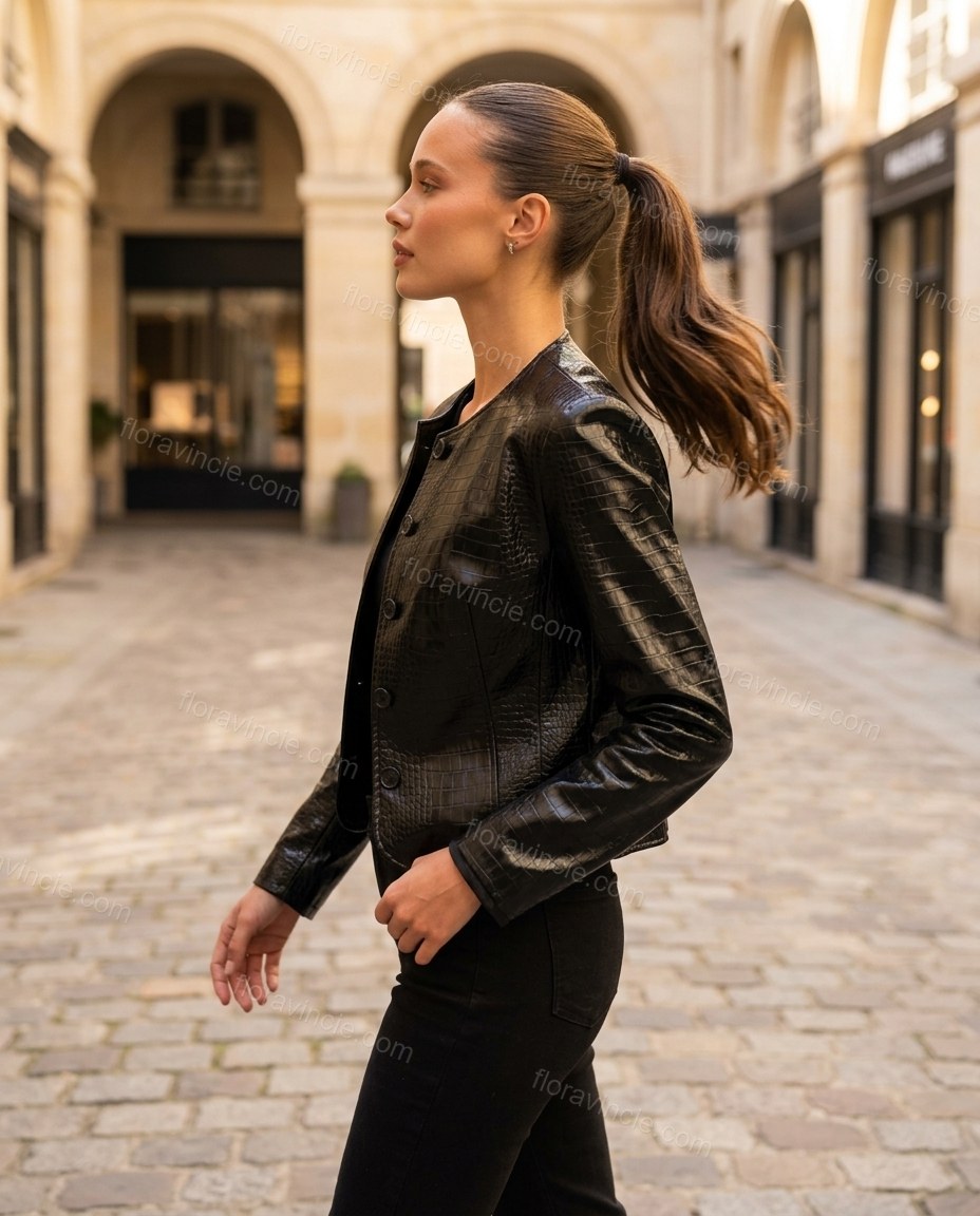 Black Peplum Jacket, walking lifestyle view, by Floravincie