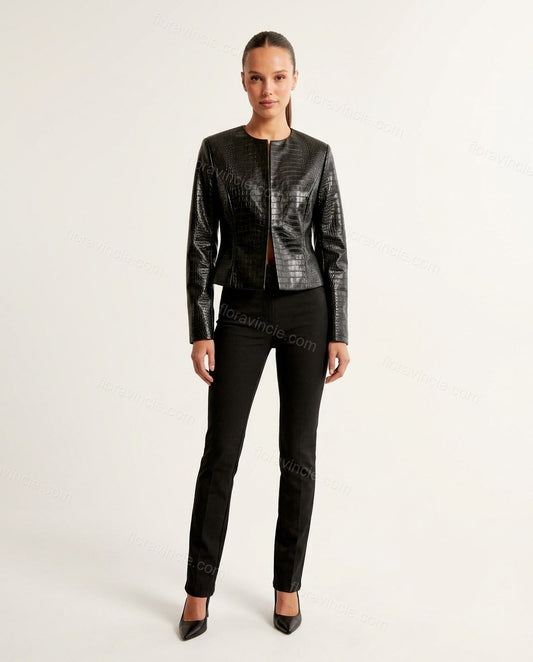 Black Peplum Jacket, front studio view, by Floravincie