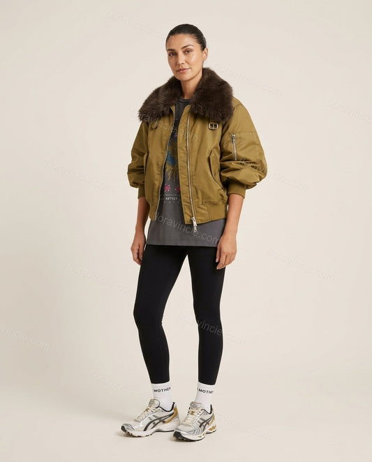 Olive Faux-Fur Ribbed Jacket, front studio view, by Floravincie