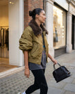 Olive Faux-Fur Ribbed Jacket, movement and fit lifestyle view, by Floravincie