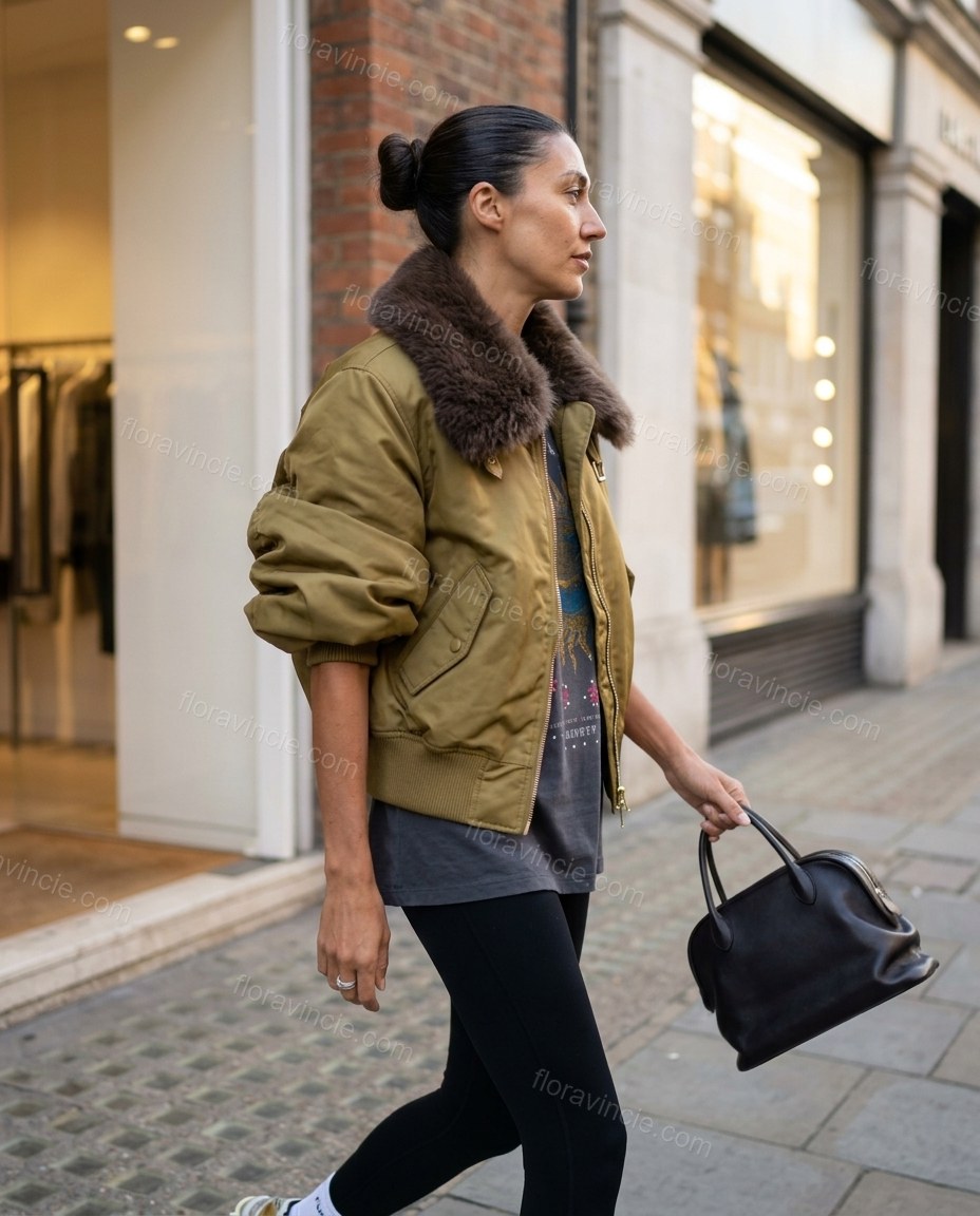 Olive Faux-Fur Ribbed Jacket, movement and fit lifestyle view, by Floravincie