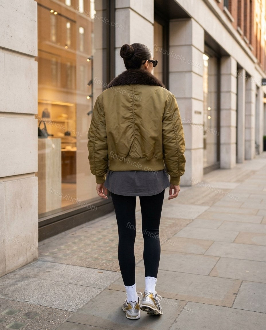 Olive Faux-Fur Ribbed Jacket, alternate use-case lifestyle view, by Floravincie