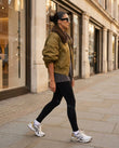 Olive Faux-Fur Ribbed Jacket, three-quarter brand lifestyle view, by Floravincie