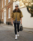 Olive Faux-Fur Ribbed Jacket, full-length hero view, by Floravincie