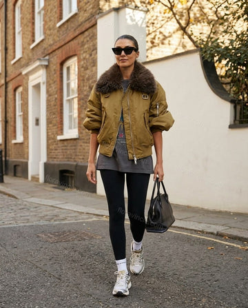 Olive Faux-Fur Ribbed Jacket, full-length hero view, by Floravincie