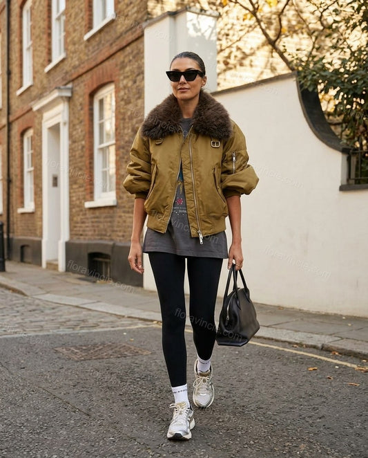 Olive Faux-Fur Ribbed Jacket, full-length hero view, by Floravincie