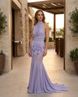 Lavender Maxi Cowl-Neck Knit Dress, three-quarter brand lifestyle view, by Floravincie