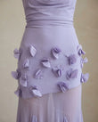 Lavender Maxi Cowl-Neck Knit Dress, close-up of draped cowl neckline, sheer mid-skirt panel and 3d floral appliques, by Floravincie