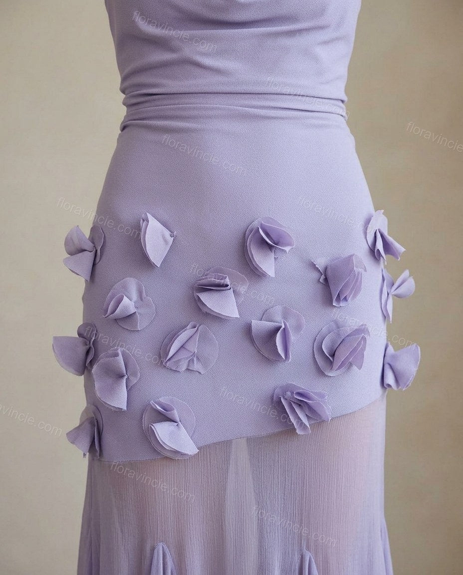 Lavender Maxi Cowl-Neck Knit Dress, close-up of draped cowl neckline, sheer mid-skirt panel and 3d floral appliques, by Floravincie