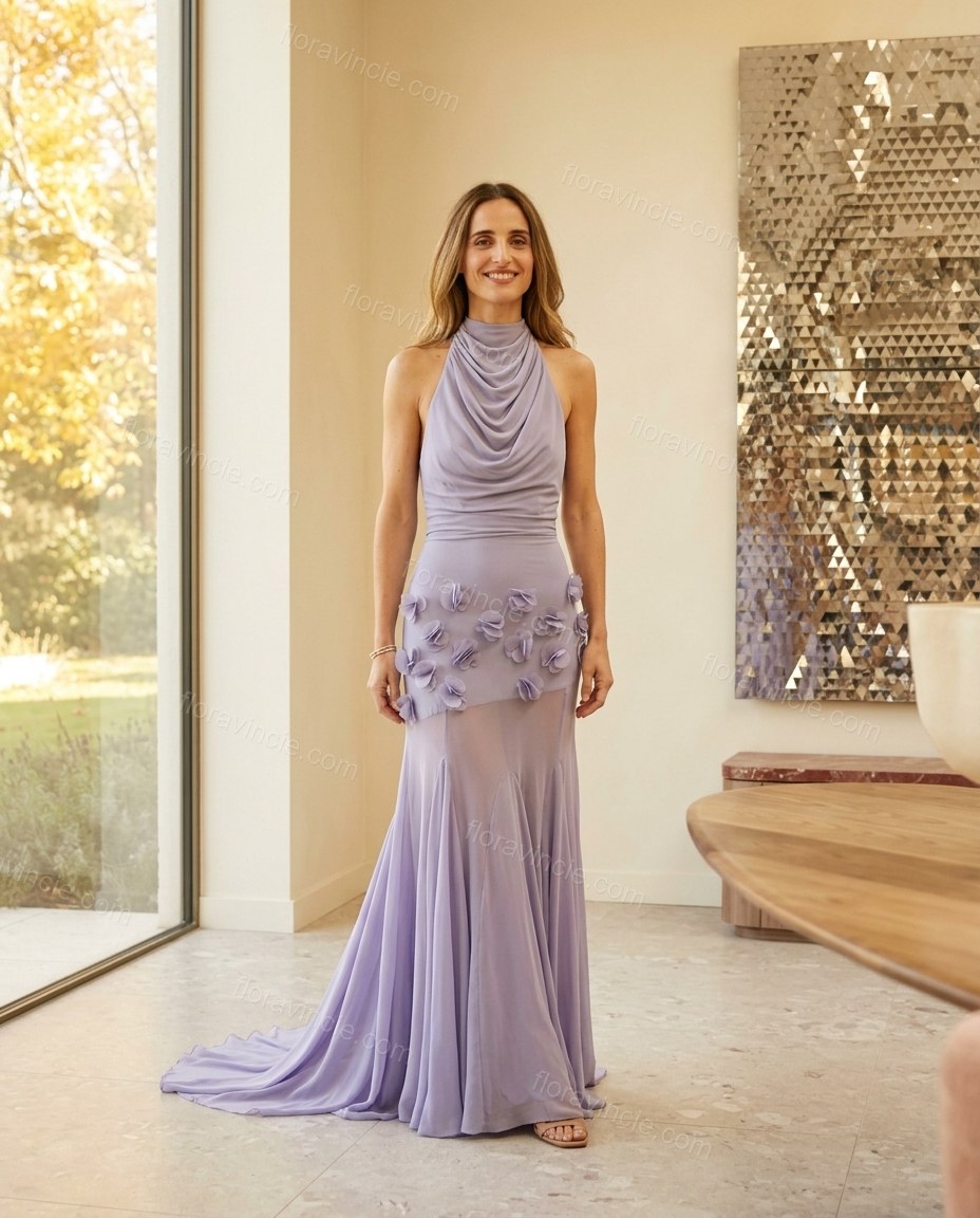 Lavender Maxi Cowl-Neck Knit Dress, full-length hero view, by Floravincie