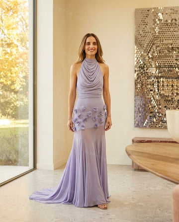 Lavender Maxi Cowl-Neck Knit Dress, full-length hero view, by Floravincie