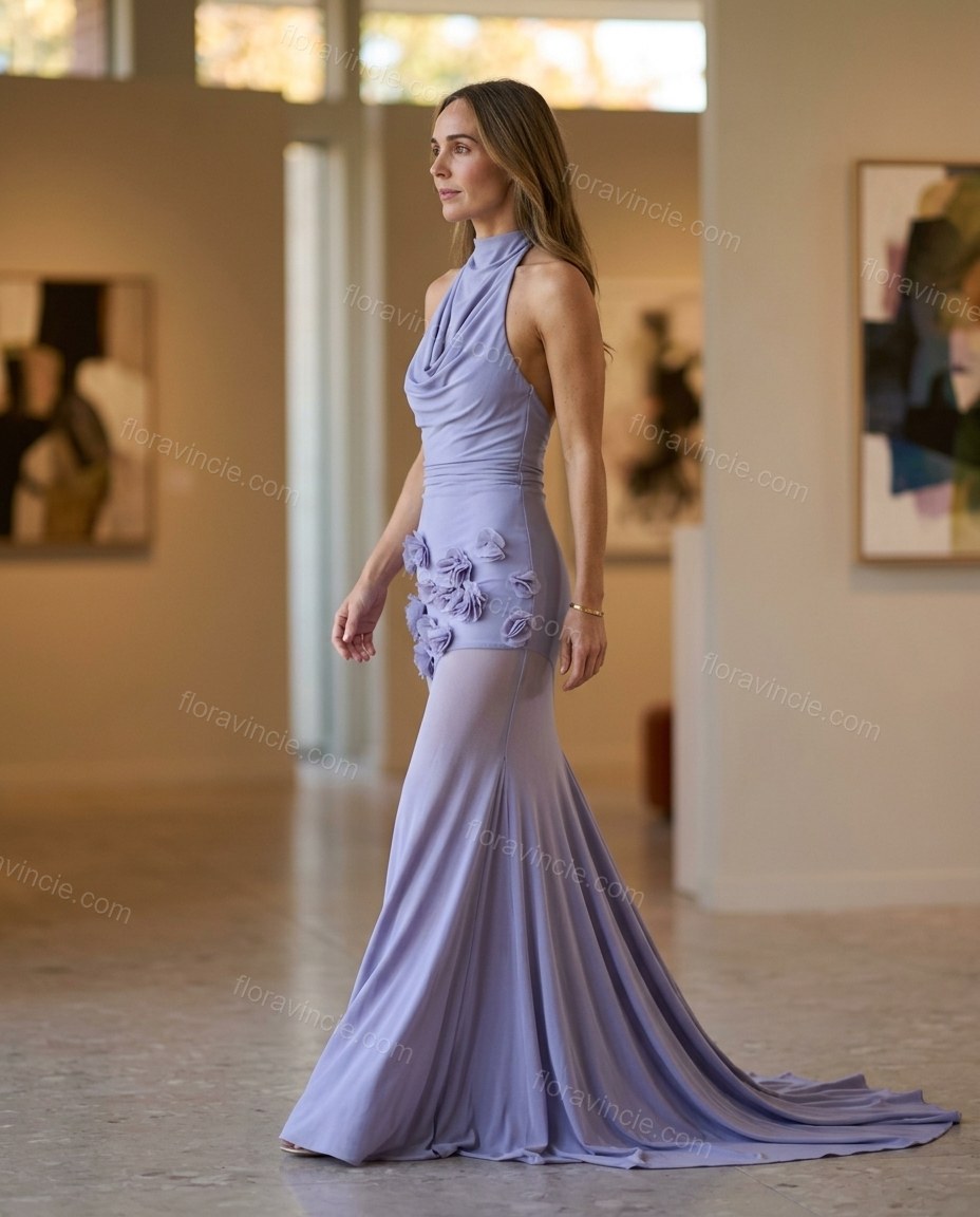 Lavender Maxi Cowl-Neck Knit Dress, movement and fit lifestyle view, by Floravincie