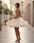 Cream Floral Mini Ruffled Dress, walking lifestyle view, by Floravincie