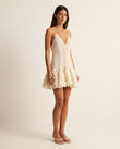 Cream Floral Mini Ruffled Dress, full-length hero view, by Floravincie
