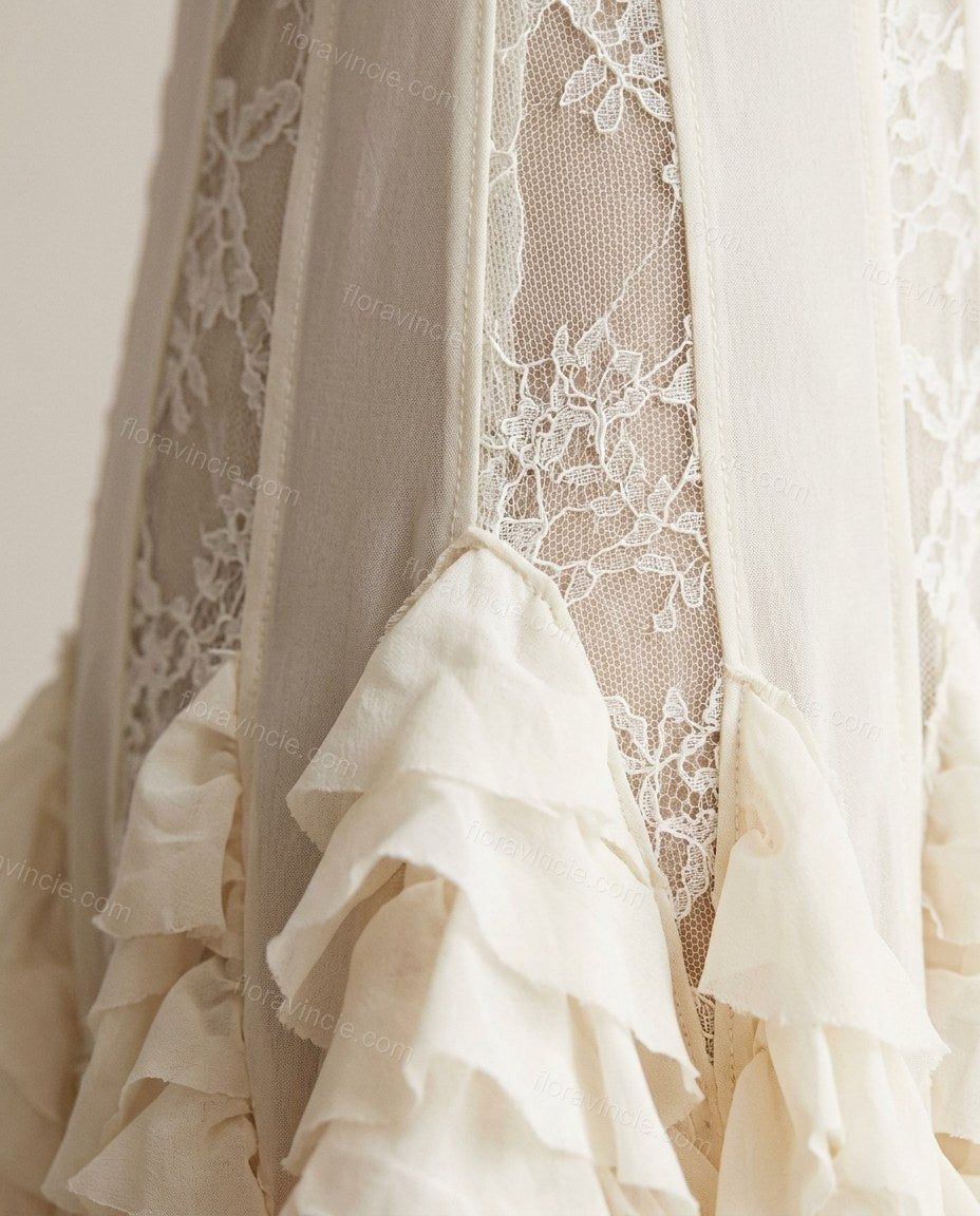 Cream Floral Mini Ruffled Dress, close-up of floral, by Floravincie