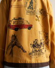 Mustard Yellow Embroidered Jacket, close-up of dark brown and black accents, front button closure and flap pockets, by Floravincie