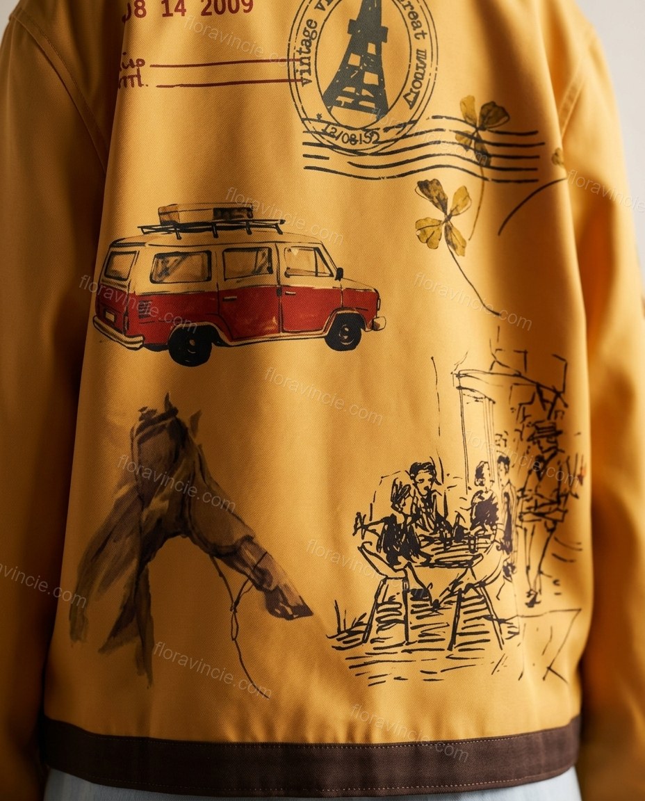 Mustard Yellow Embroidered Jacket, close-up of dark brown and black accents, front button closure and flap pockets, by Floravincie
