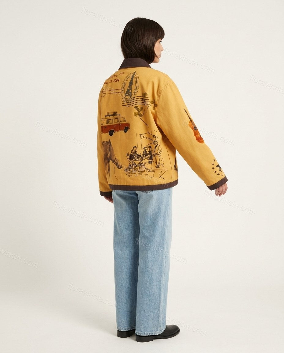 Mustard Yellow Embroidered Jacket, back studio view showing embroidered design with no visible details, by Floravincie