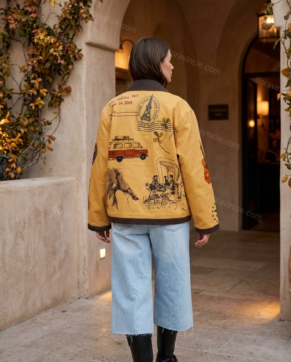 Mustard Yellow Embroidered Jacket, three-quarter brand lifestyle view, by Floravincie