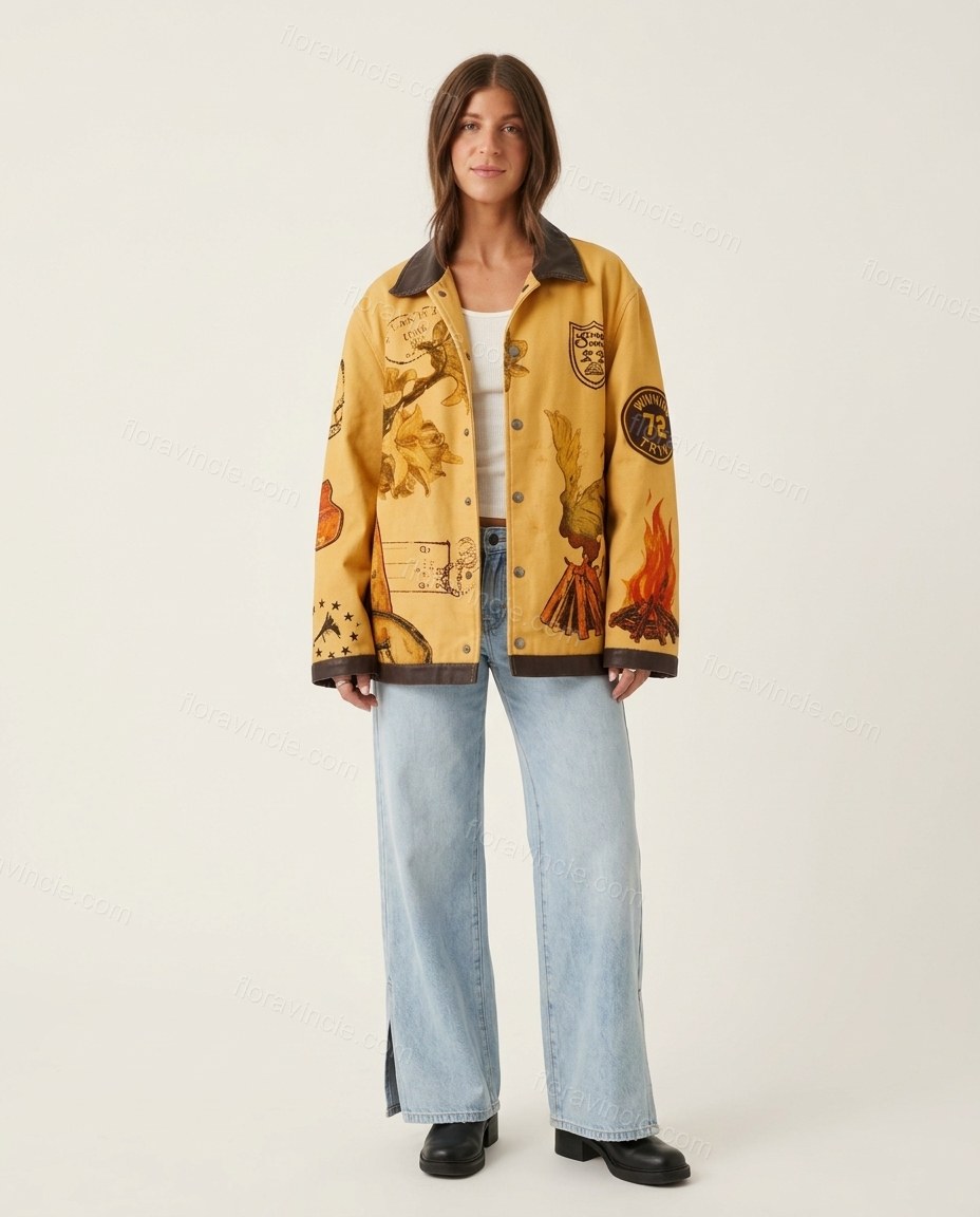 Mustard Yellow Embroidered Jacket, front studio view, by Floravincie