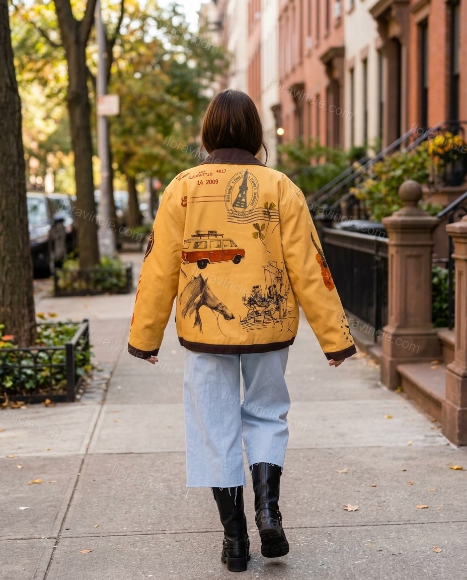 Mustard Yellow Embroidered Jacket, walking lifestyle view, by Floravincie