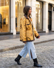 Mustard Yellow Embroidered Jacket, movement and fit lifestyle view, by Floravincie