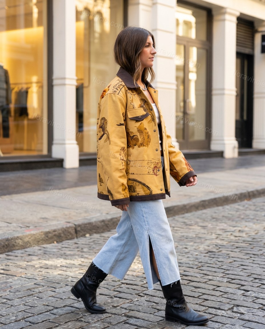 Mustard Yellow Embroidered Jacket, movement and fit lifestyle view, by Floravincie