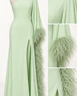 Light Green Maxi One-Shoulder Feather-Trim Dress, close-up of feather trim, draped panel and one-shoulder design, by Floravincie
