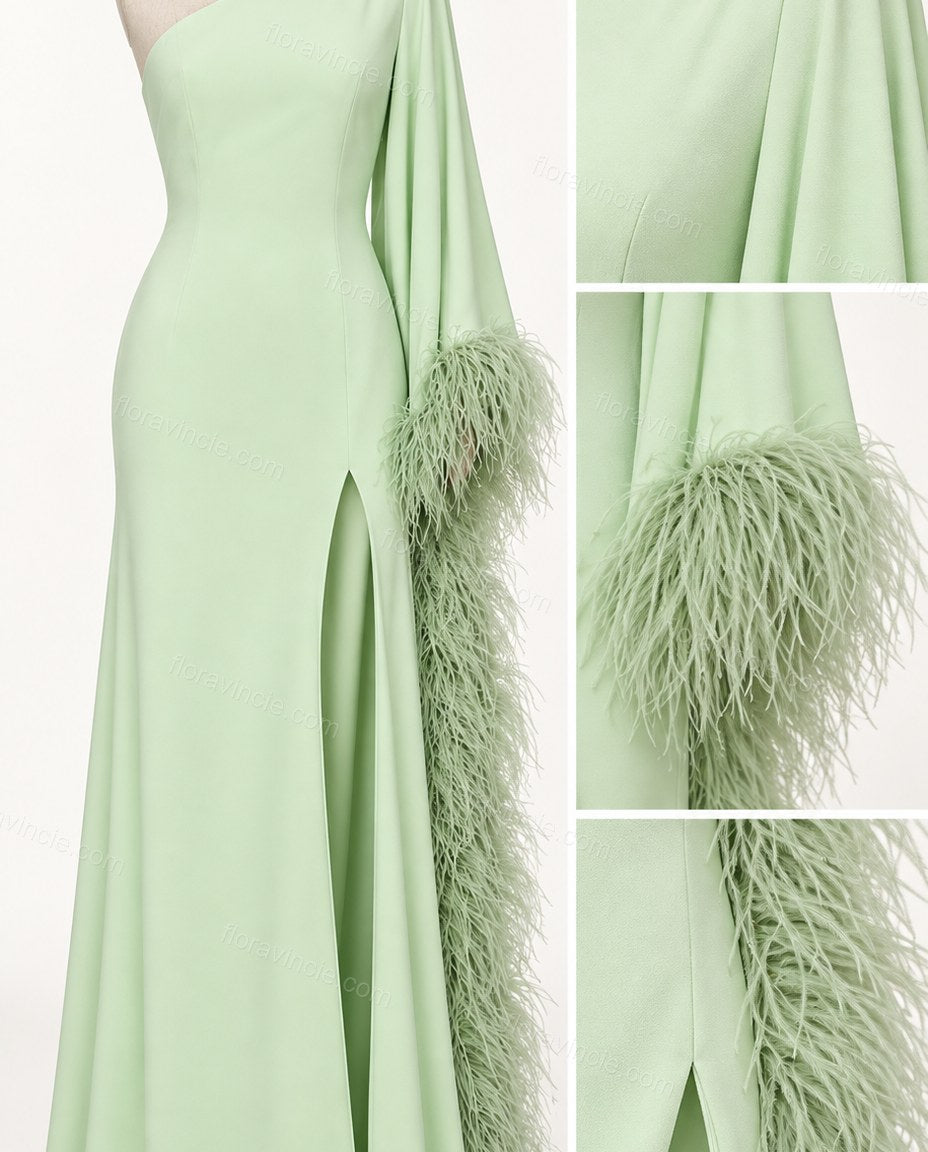 Light Green Maxi One-Shoulder Feather-Trim Dress, close-up of feather trim, draped panel and one-shoulder design, by Floravincie