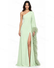 Light Green Maxi One-Shoulder Feather-Trim Dress, front studio view, by Floravincie