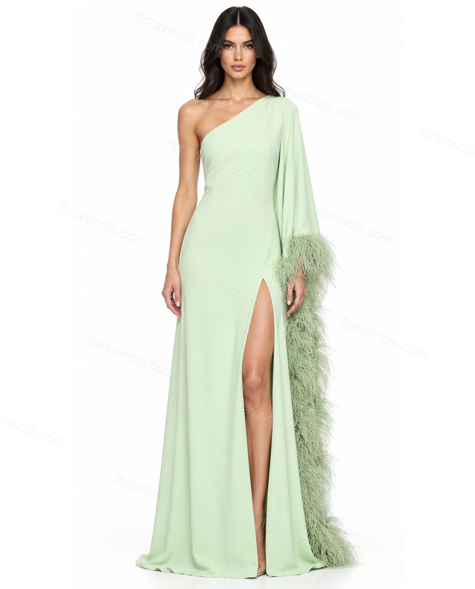 Light Green Maxi One-Shoulder Feather-Trim Dress, front studio view, by Floravincie
