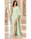 Light Green Maxi One-Shoulder Feather-Trim Dress, movement and fit lifestyle view, by Floravincie