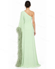Light Green Maxi One-Shoulder Feather-Trim Dress, back studio view showing one-shoulder strap continues to the back, simple back panel, by Floravincie
