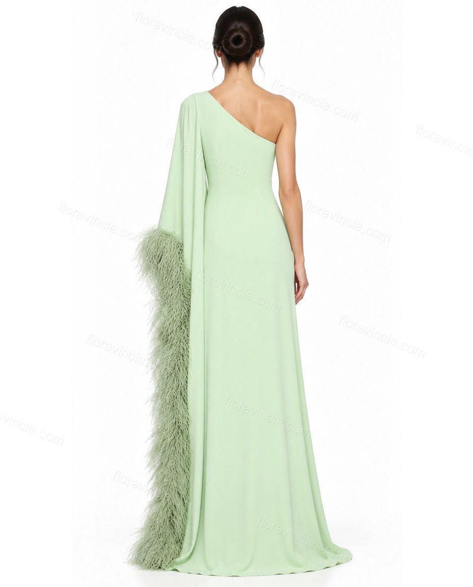 Light Green Maxi One-Shoulder Feather-Trim Dress, back studio view showing one-shoulder strap continues to the back, simple back panel, by Floravincie