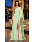 Light Green Maxi One-Shoulder Feather-Trim Dress, three-quarter brand lifestyle view, by Floravincie