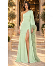 Light Green Maxi One-Shoulder Feather-Trim Dress, full-length hero view, by Floravincie