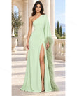 Light Green Maxi One-Shoulder Feather-Trim Dress, walking lifestyle view, by Floravincie
