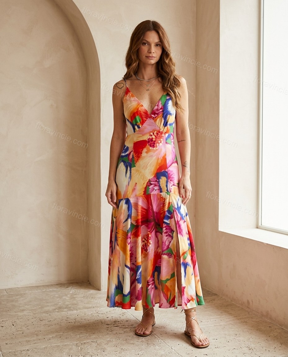 Pink Floral Maxi Open-Back Dress, full-length hero view, by Floravincie
