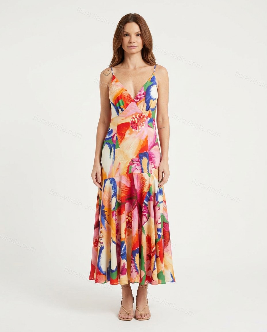 Pink Floral Maxi Open-Back Dress, front studio view, by Floravincie