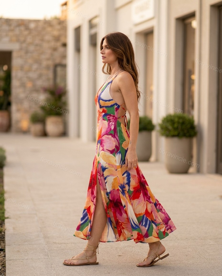 Pink Floral Maxi Open-Back Dress, walking lifestyle view, by Floravincie
