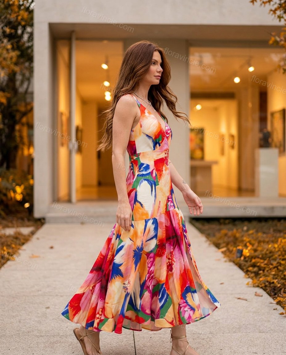 Pink Floral Maxi Open-Back Dress, movement and fit lifestyle view, by Floravincie