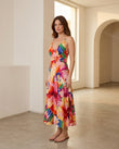 Pink Floral Maxi Open-Back Dress, three-quarter brand lifestyle view, by Floravincie