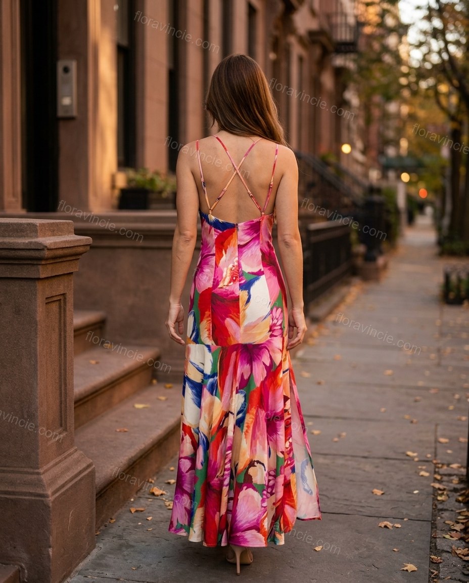 Pink Floral Maxi Open-Back Dress, alternate use-case lifestyle view, by Floravincie